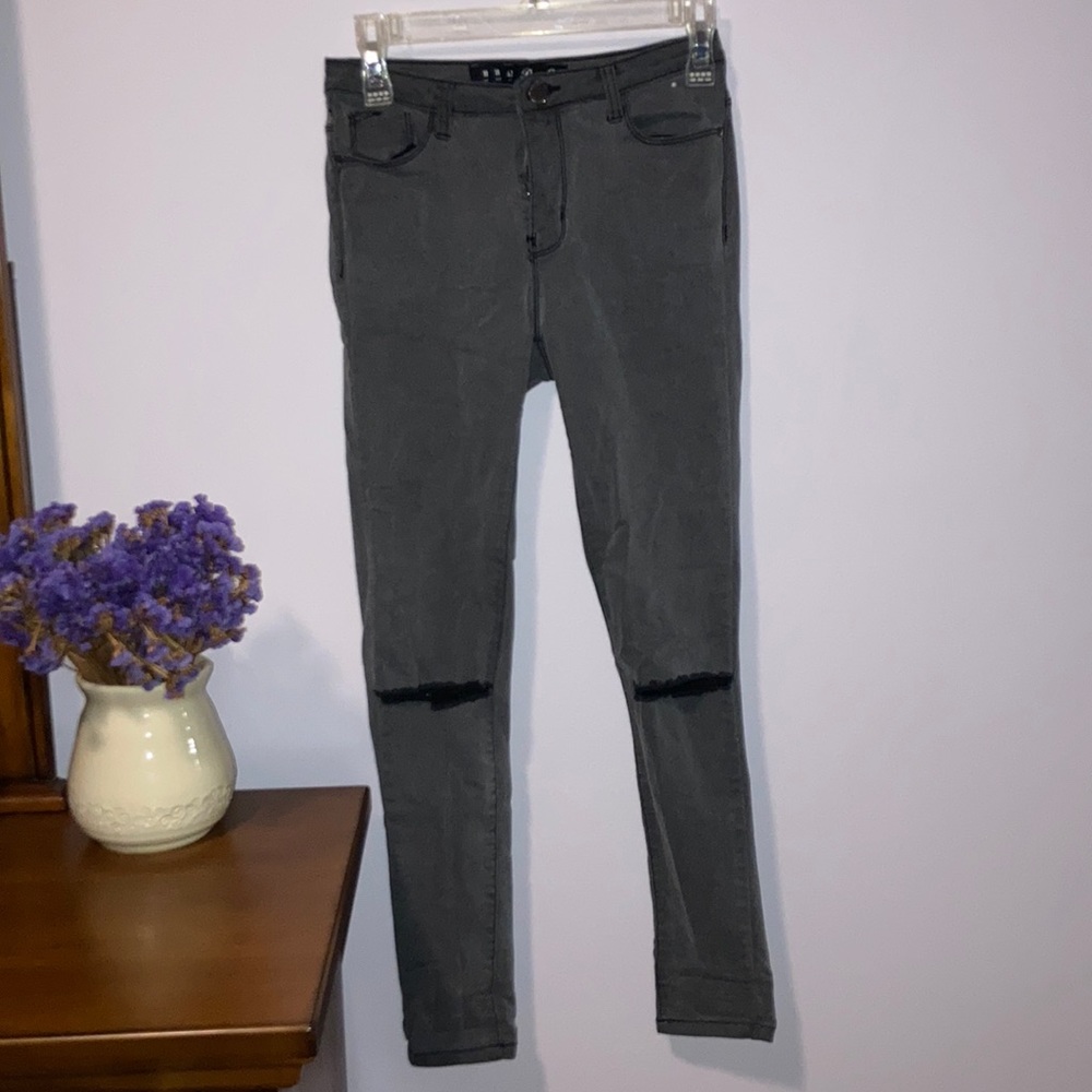 Dark grey high waisted ripped skinny jeans
